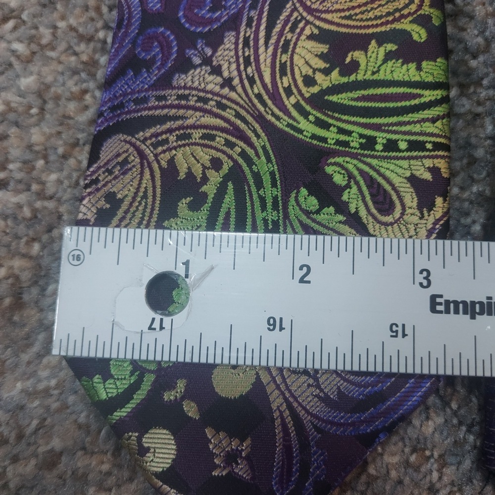 Barry Wang Mens Purple Green Paisley Silk Vest Tie Pocket Square Set Large - Picture 4 of 9